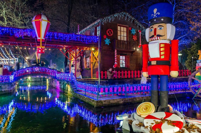 Greece, Drama- December 25 2018- Night view of Santa Claus village in Oneiroupoli. Drama Greece